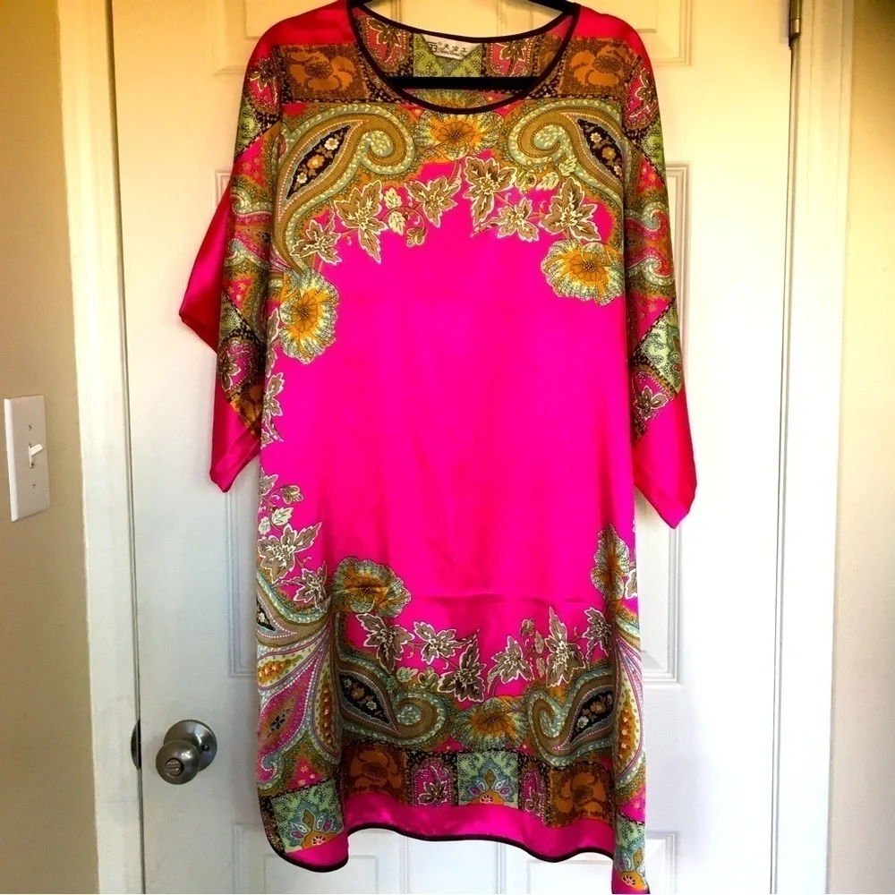 Tian Bao Gong silk tunic large oversized pink paisley floral Japanese brand - Picture 2 of 9